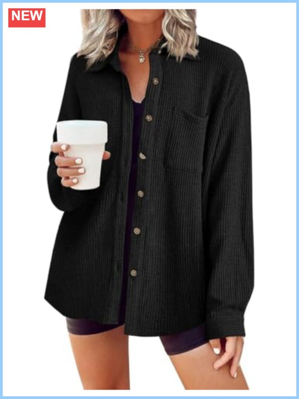 Waffle Button Down Shirt Women Long Sleeve Shacket Pocket